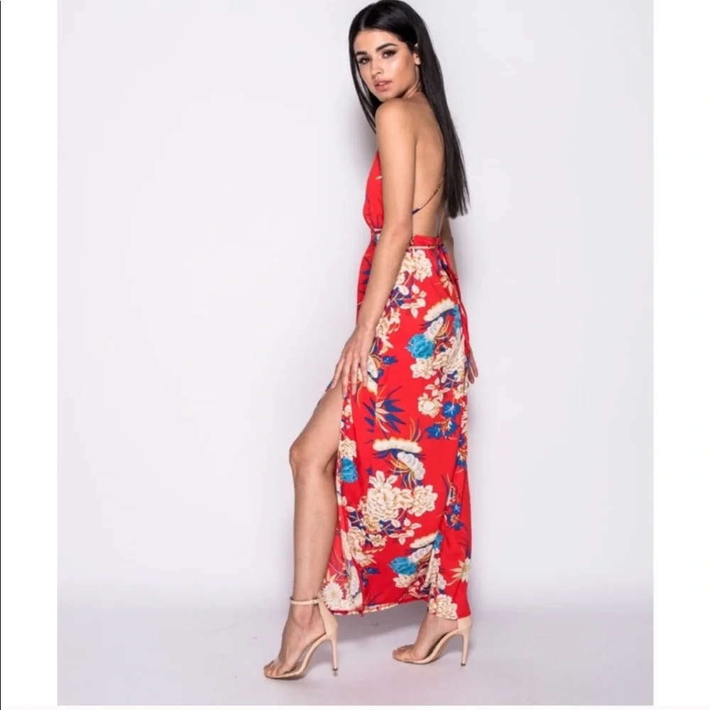 Red Floral Strappy Open Back Thigh Slit Maxi Dress - Picture 2 of 7